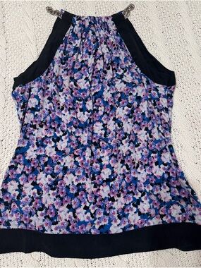 Cache Size Small Silk Floral Halter Top Blue Pink Black Chain Detail Vintage
